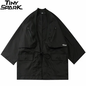 2023 Японская куртка-кимоно С карманами на молнии, хип-хоп, мужская черная куртка, уличная одежда, кардиган в японском стиле Харадзюку, куртка-кимоно