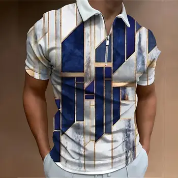 Мужская повседневная рубашка поло с коротким рукавом и принтом в полоску на молнии 2023, брендовая мужская летняя рубашка с короткими рукавами, одежда