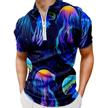 Цветная мужская рубашка поло с короткими рукавами и мультяшным принтом, футболка с воротником на молнии, повседневная дышащая высококачественная летняя одежда оверсайз