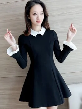 QWEEK Винтажное Школьное Черное платье для женщин В Корейском стиле, модные короткие платья для вечеринок с длинным рукавом 2023, Весенняя мода