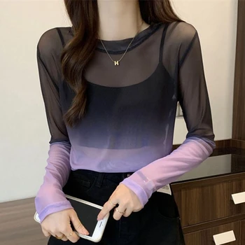 TingYiLi Цветной градиентный топ из прозрачной сетки Женская летняя прозрачная футболка с круглым вырезом и длинным рукавом в корейском модном стиле Пляжная накидка