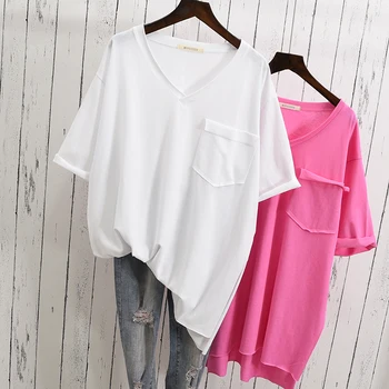 Летние Свободные футболки оверсайз с коротким рукавом, женская хлопковая повседневная футболка с V-образным вырезом, футболки с шикарным дизайном карманов, топы средней длины
