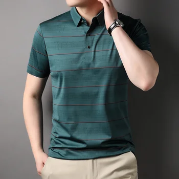 Брендовая высококачественная деловая рубашка-поло, мужская Летняя полосатая повседневная футболка с коротким рукавом, Дышащая Спортивная рубашка-поло для гольфа, Зеленая