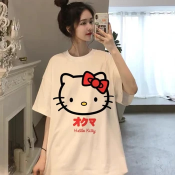 Sanrio Японское Аниме Hello Kitty Одежда Забавная Готическая футболка Kuromi Свободный Топ Мужская Футболка Y2k Пара Harajuku Футболка С коротким рукавом