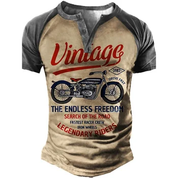 Винтажная мужская футболка Henley с V-образным вырезом, футболки со слоганом, графический мотоцикл, короткий рукав, одежда с принтом на пуговицах, уличная одежда