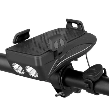 Многофункциональный Передний Велосипедный Фонарь USB Bike Light, Встроенный Аккумулятор емкостью 2000 мАч / 4000 мАч с Держателем Телефона + Функция Велосипедного Гудка