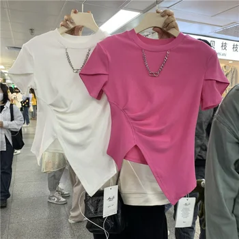 Одежда Y2k, корейские модные топы с круглым вырезом, однотонные футболки с коротким рукавом, цепочка, нерегулярные плиссированные Женские футболки с разрезным дизайном