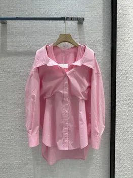 Горячая распродажа Женской одежды, Весенняя модная Женская Свободная рубашка, Повседневная Открытая Розовая блузка на бретелях