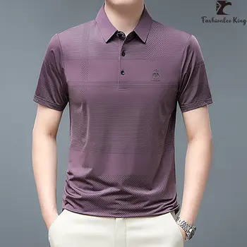 Новая брендовая мужская рубашка поло в полоску с короткими рукавами, мужская деловая футболка с модным принтом