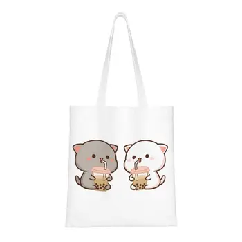 Сумка для покупок из персика и Гома Моти из вторичной переработки, женская холщовая сумка через плечо, моющиеся сумки для покупок с забавной парой кошек