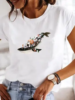 Летняя футболка с графическим принтом, женская повседневная футболка с коротким рукавом, цветочная акварель, трендовая одежда 90-х