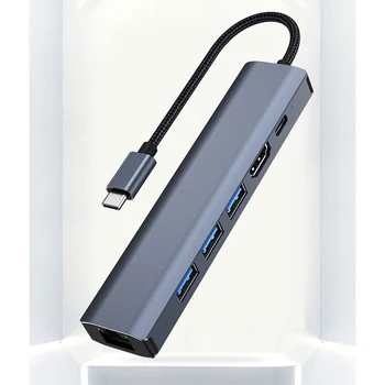 Док-станция 6-в-1 Type C 100 Вт PD 5 Гбит/с Type C К USB 3.0 Концентратор Адаптер HDMI-совместимый RJ45 1000M для MacBook