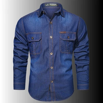 Мужская весенняя джинсовая рубашка с длинным рукавом, выстиранные джинсовые топы в стиле ретро, хлопковые мужские осенние повседневные уличные ковбойские рубашки высокого качества высокого качества