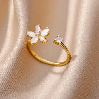Милые кольца с цветами из белого циркона для женщин, ювелирные изделия с покрытием из 18-каратного золота, модные аксессуары, Эстетичные открытые Регулируемые кольца для пальцев