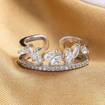 Шарм S925 Кольцо из стерлингового серебра 2 Яруса Корона Циркон Открытое кольцо для женщин Модные очаровательные подарочные украшения