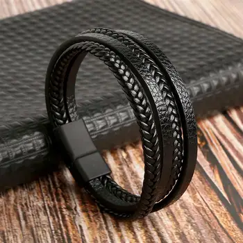 Новый плетеный кожаный мужской браслет, классический многослойный кожаный браслет ручной работы с магнитной пряжкой для мужчин, ювелирный подарок
