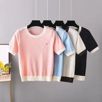 2023 Женская футболка оверсайз в Корейском стиле, весна-лето, трикотажная футболка с круглым вырезом, облегающие футболки