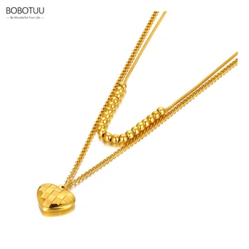 BOBOTUU Титановые бусы из нержавеющей стали, ожерелья с подвесками, Позолоченное Двухслойное колье-чокер с сердечком Для женщин BN22080