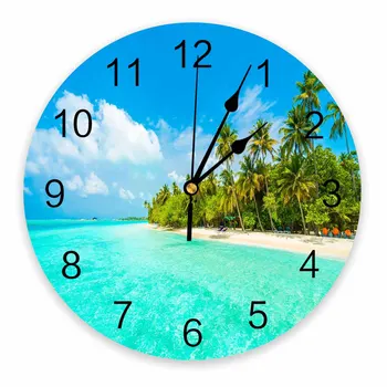 Пляж Океан небо пейзаж Декоративные круглые настенные часы Дизайн с арабскими цифрами, не тикающие настенные часы, большие для спальни, ванной комнаты