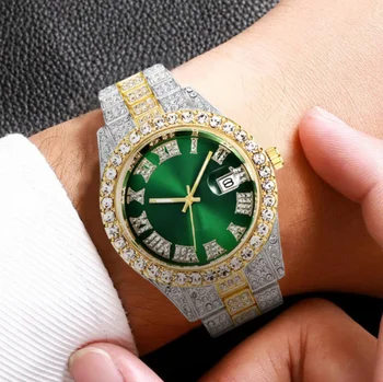 Мужские часы с календарем с бриллиантами, ремешок из нержавеющей стали, Аналоговые кварцевые наручные часы