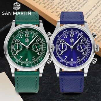 San Martin / Новые мужские часы 38 мм, модные роскошные кварцевые часы с хронографом для мужчин, наручные часы с сапфировым зеркалом, 5ATM