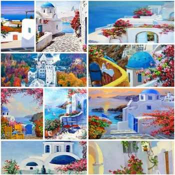 Средиземноморский дом с пейзажными красками, рисунки по номерам, наборы для рукоделия для взрослых, украшения дома, Персонализированные идеи подарков 2023 НОВИНКА