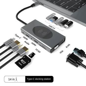 Док-станция 14-в-1 Type-C, Usb-Концентратор, Двойной HDMI, Беспроводная Зарядка ПК, Ноутбуки для Xiaomi Lenovo Macbook 13 15 Air