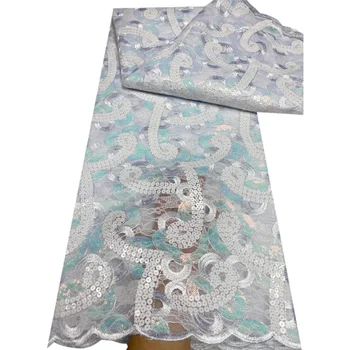 Белое кружево Нигерийская кружевная ткань Африканские блестки Кружевная ткань 5 ярдов Французский тюль Сетка Сетчатая кружевная ткань для вечерних платьев P233