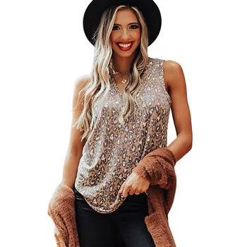 Женская футболка, летний жилет с леопардовым принтом и V-образным вырезом, повседневная свободная футболка без рукавов