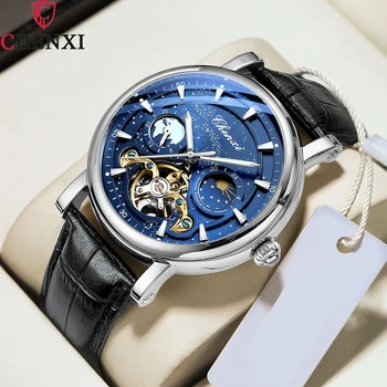 Модные Механические часы бренда Chenxi, Роскошные Деловые часы из натуральной кожи, мужские часы Skeleton с автоматической подсветкой