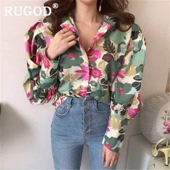RUGOD, корейские шикарные женские рубашки с цветочным принтом, Элегантный отложной воротник, офисные женские блузки, повседневные однобортные весенние топы