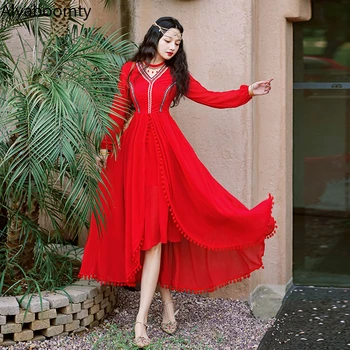 Женское красное платье Миди в этническом стиле, весна-осень, Богемная вышивка, праздничное платье с кисточками, Элегантное платье для фотосъемки