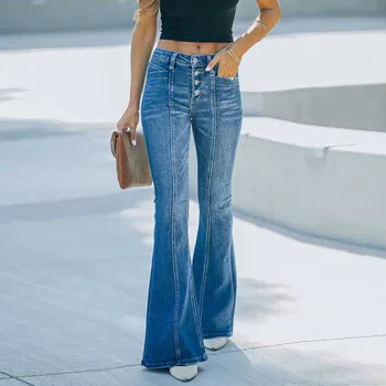 Женские расклешенные джинсы в стиле пэчворк, винтажная мода, стрейч, завышенная талия, повседневная тонкая уличная одежда, широкие джинсовые брюки-клеш.
