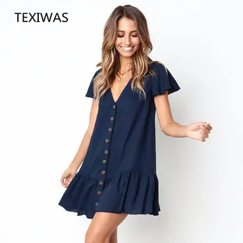 TEXIWAS Новое повседневное платье трапециевидной формы с пуговицами и рюшами, пляжное платье в стиле деко, женская мини-одежда, плиссированные сексуальные летние платья с V-образным вырезом, Vestidos