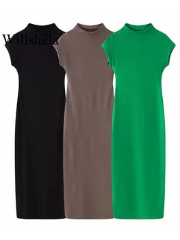 Willshela, женское модное однотонное облегающее хлопковое платье Миди, Винтажное платье с круглым вырезом и короткими рукавами, Шикарные женские платья