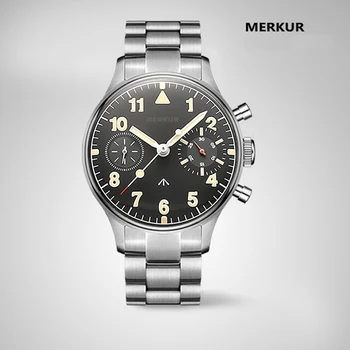 38-миллиметровый Классический Хронограф Механические часы MERKUR First Продукт Colabs Flieger Watch с Большим Глазом Super Luminova Vintage Pilot