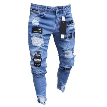 3 Стиля Мужские Эластичные Рваные обтягивающие байкерские джинсы с вышивкой, проклеенные дырками, Облегающий деним, поцарапанный Высококачественный джинс