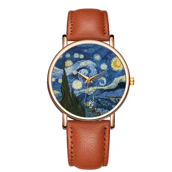 Новые Модные Женские Часы Лидирующий Бренд Van Gogh's Starry Sky Мужские Часы С Кожаным Ремешком Кварцевые Часы Подарок Паре Reloj Mujer Hombre