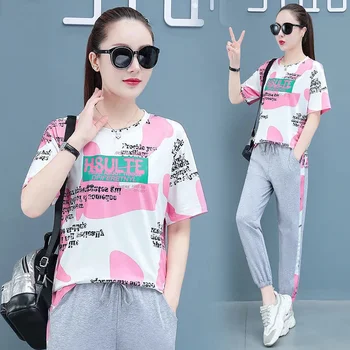Женский летний новый костюм для отдыха 2023 года, спортивный костюм для бега в корейском стиле, свободные топы и брюки с модным принтом, комплект из 2 предметов