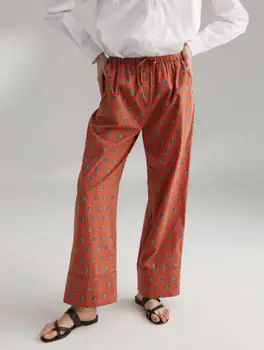 Натальные брюки с ржаво-желтым принтом, эластичный пояс на шнурке, женские широкие ХЛОПКОВЫЕ БРЮКИ С ПРИНТОМ 2019