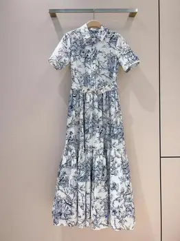 Высококачественное Летнее женское модное платье для подиума 2023, праздничное длинное платье с цветочным принтом, женские платья с коротким рукавом на тонком поясе