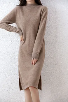 Официальное платье-свитер из 100% шерсти мериноса, осенне-зимняя новинка 2023, женская однотонная юбка-карандаш с круглым вырезом и разрезом