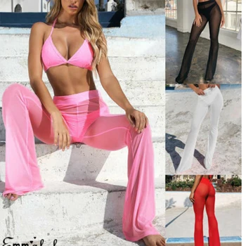 Женские прозрачные дышащие брюки Бикини с сетчатыми оборками, большие размеры свободных брюк, пляжная одежда, сетчатые брюки