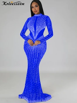 Kricesseen, сексуальное голубое платье Макси в стиле пэчворк, Сетчатое платье в стиле пэчворк, Женское Новое прозрачное ночное платье с кристаллами с длинным рукавом, Клубная одежда