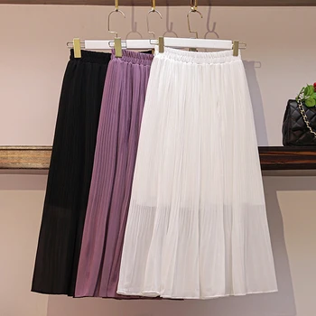Шифоновая плиссированная юбка, длинная эластичная юбка с высокой талией, летняя женская юбка в корейском стиле, черная, белая, фиолетовая юбка, женская юбка