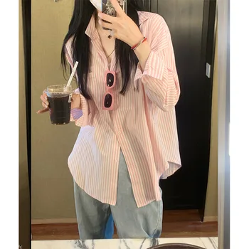 Розовая рубашка в полоску Куртка Женская Весна Лето Корейская мода Свободный топ с длинными рукавами в книжном стиле Sweet Girl