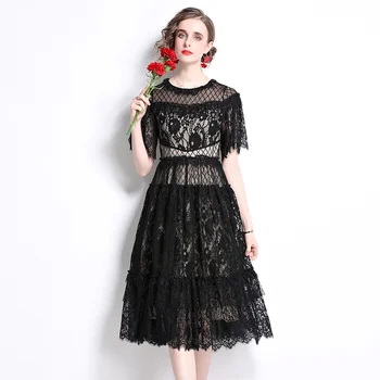 Черные кружевные платья Женские 2023 Летние Прозрачные миди с коротким рукавом, вечернее платье для выпускного вечера, женское платье для подиума, новый стиль