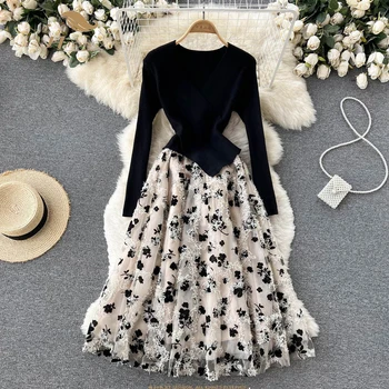 Романтическое Женское вечернее платье в стиле пэчворк с кружевной сеткой и пайетками 2023 Элегантное Флокированное Винтажное миди-платье Vestidos SR457