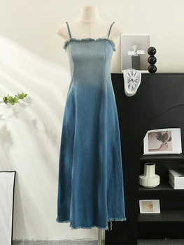 Женское платье на бретельках 2023, джинсовые платья на бретельках, миди-платья, уличная одежда для вечеринок, Корейская мода, винтажная цельнокроеная одежда