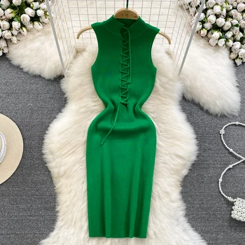 Вязаное платье Миди, женское летнее платье с эластичной резинкой на талии, облегающее платье в стиле хип-хоп, женские зеленые платья без рукавов на шнуровке в стиле ретро